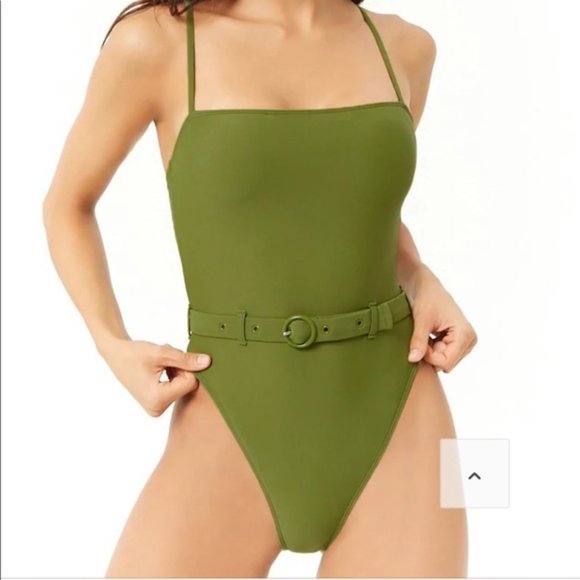 F21 Olive Green Belted High Leg One Piece Swimsuit - Picture 12 of 16